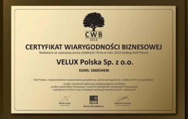 Certyfikat Wiarygodności Biznesowej dla firmy Velux